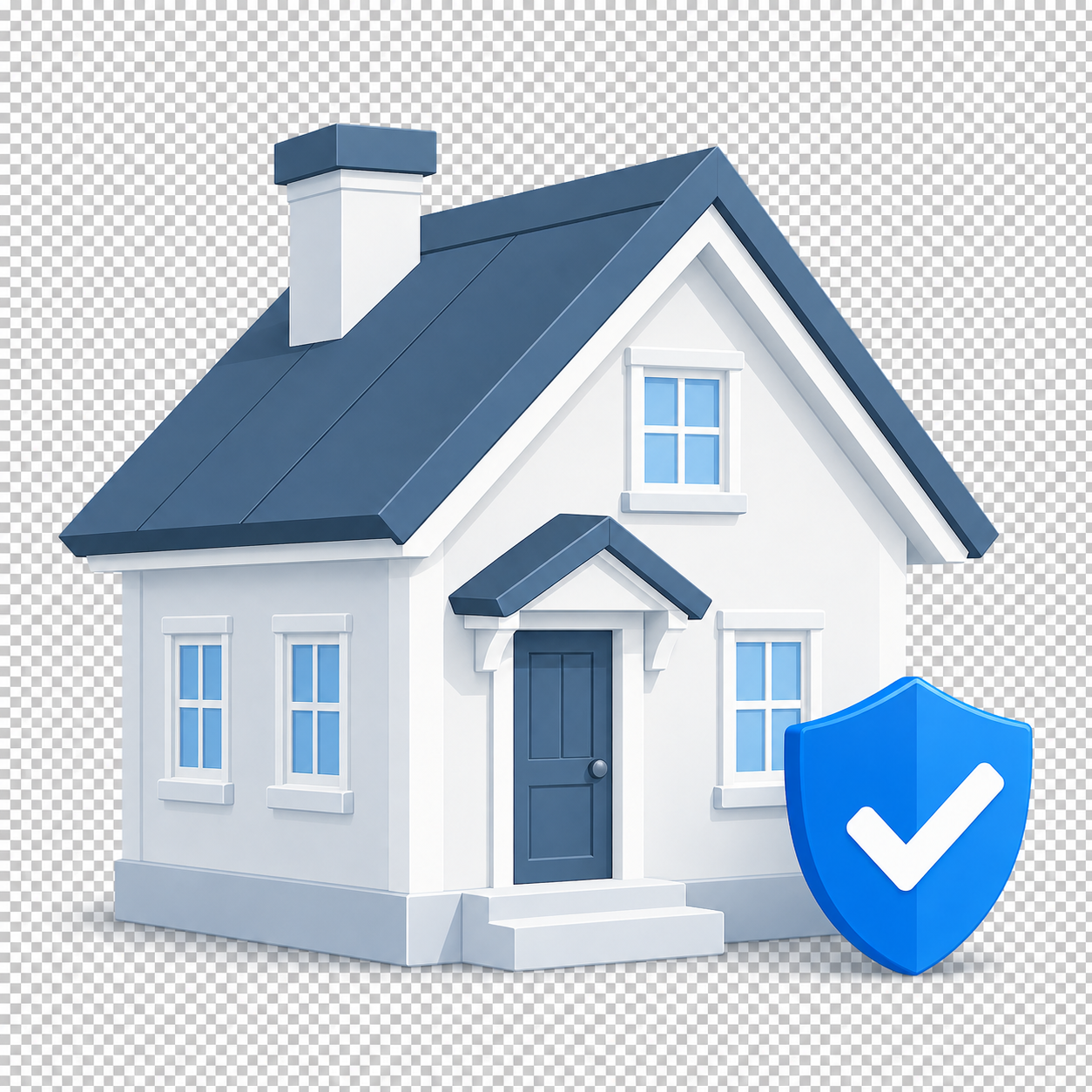 An architectural illustration of a white home with a slate-blue roof and a blue protection shield